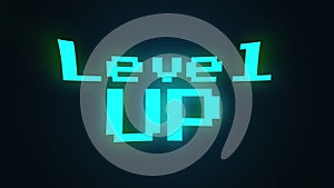 Computer generated a text message screen: Level 1 up. 3d rendering 8-bit font, black background