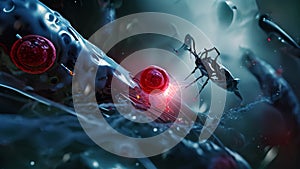 A computer-generated Video depicting a bug aggressively attacking a human in an intense encounter, Nanobots repairing biological