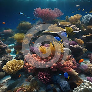 A computer-generated visualization of a thriving coral reef teeming with marine life1