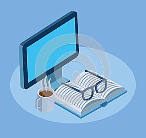 Computer with glasses, book and hot coffee mug