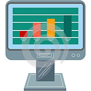 Computer with graph chart statistic on screen icon