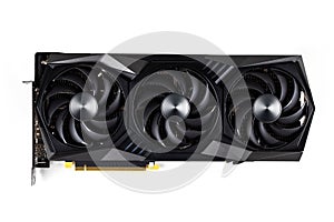 Computer graphic card with three fans. Video card with three coolers from the computer. GPU card. IT hardware