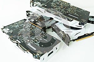 Computer graphic card with two fans. Video card with two coolers from the computer. GPU card. IT hardware. Crypto currency mining