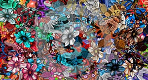 Computer graphics of abstract floral psychedelic background stylization of colored chaotic stickers in the form of