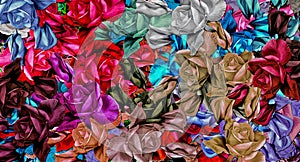 Computer graphics of abstract floral psychedelic background stylization of colored chaotic stickers in the form of