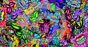 Computer graphics of abstract floral psychedelic background stylization of colored chaotic stickers in the form of