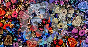 Computer graphics of abstract floral psychedelic background stylization of colored chaotic stickers in the form of