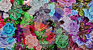 Computer graphics of abstract floral psychedelic background stylization of colored chaotic stickers in the form of