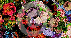 Computer graphics of abstract floral psychedelic background stylization of colored chaotic stickers in the form of