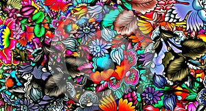 Computer graphics of abstract floral psychedelic background stylization of colored chaotic stickers in the form of