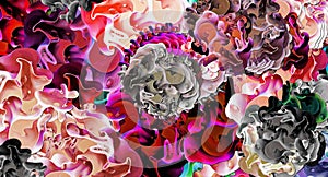 Computer graphics of abstract floral psychedelic background stylization of colored chaotic stickers in the form of