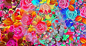 Computer graphics of abstract floral psychedelic background stylization of colored chaotic stickers in the form of