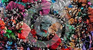 Computer graphics of abstract floral psychedelic background stylization of colored chaotic stickers in the form of