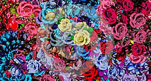 Computer graphics of abstract floral psychedelic background stylization of colored chaotic stickers in the form of