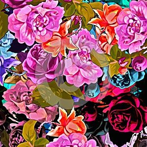 Computer graphics of abstract floral psychedelic background stylization of colored chaotic stickers in the form of