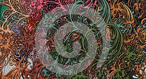 Computer graphics of abstract floral psychedelic background stylization of colored chaotic stickers in the form of leaves