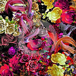 Computer graphics of abstract floral psychedelic background stylization of colored chaotic stickers in the form of leaves