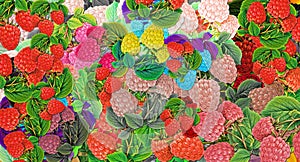 Computer graphics of abstract fruit of berry psychedelic stylization of color chaotic stickers in the form of fruits and