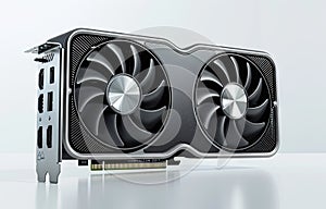 A computer graphics card with two fans on it is placed on a white surface