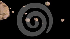 Computer graphics of meteorite stones flying and rotating on black background. 3D render animation of brown asteroids