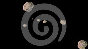 Computer graphics of meteorite stones flying and rotating on black background. 3D render animation of brown asteroids