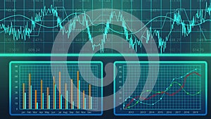 Computer graphs of country`s GDP growth, economic development forecast, trade