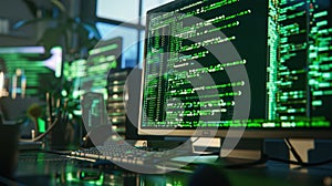 The computer with green code.AI generated image