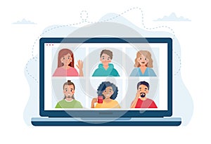 Computer with group of people doing group call. Online meeting via video conference. Vector illustration in flat style