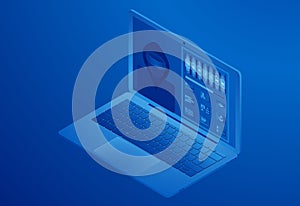 A computer hacked by a hacker, stealing user data, guessing a password, picking up a key.