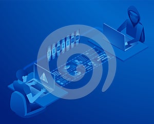 A computer hacked by a hacker, stealing user data, guessing a password, picking up a key.