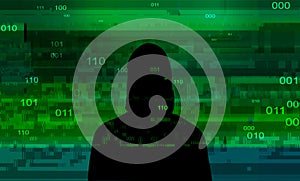 Computer hacker on abstract binary code background. Hacking concept