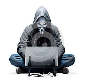 Computer Hacker in black clothes sitting with laptop, on white background, internet hacking concept, realistic design illustration