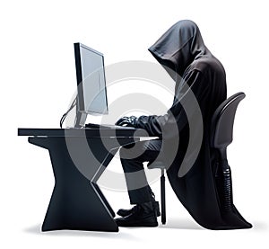 Computer Hacker in black clothes sitting by the table with personal computer, on white background, internet hacking concept,