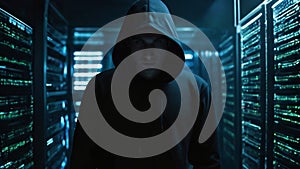 Computer hacker with black hoodie and obscured face in dark network server room