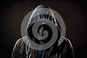 A Computer Hacker Conducting Cybercrime in a Dark Hoodie, Mask and Sunglasses