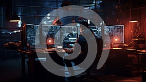 Computer hacker doing coding on computer while sitting at dark office. Neural network ai generated