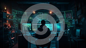 Computer hacker doing coding on computer while sitting at dark office. Neural network ai generated