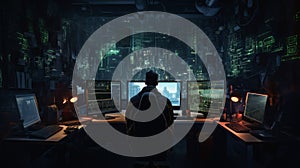 Computer hacker doing coding on computer while sitting at dark office. Neural network ai generated
