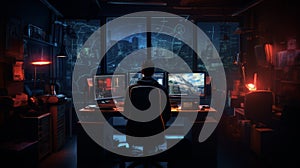 Computer hacker doing coding on computer while sitting at dark office. Neural network ai generated