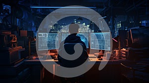 Computer hacker doing coding on computer while sitting at dark office. Neural network ai generated