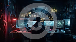 Computer hacker doing coding on computer while sitting at dark office. Neural network ai generated