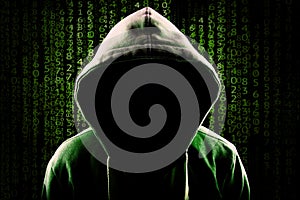 Computer Hacker Faceless hooded anonymous programming code background