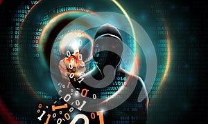 Computer hacker hood touches touch screen binary code. Abstract binary dark background hacker silhouette. Hacking computer system