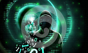 Computer hacker with a hood touches the touch screen binary code. Light waves on abstract binary dark background hacker silhouette