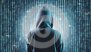 Computer hacker in hoodie, abstract binary background. Dark net. Back view. Data thief
