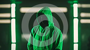 Computer hacker with hoodie. Computer abstract digital code at the background. Darknet fraud and cryptocurrency bitcoin