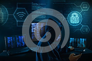 Computer hacker - Internet crime concept with digital interface around