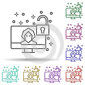 Computer hacker lock multi color icon. Simple thin line, outline vector of computer icons for ui and ux, website or mobile