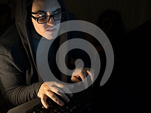 Computer hacker man stealing information with laptop