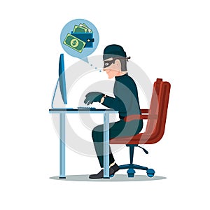 Computer hacker man trying hack the system and steal the money. Thief cartoon character vector illustration